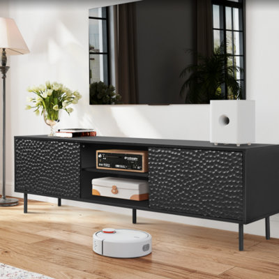65" TV Stand For Tvs Up To 60" With Cabinet Storage And Open Shelves, Modern Black Finish by Latitude Run