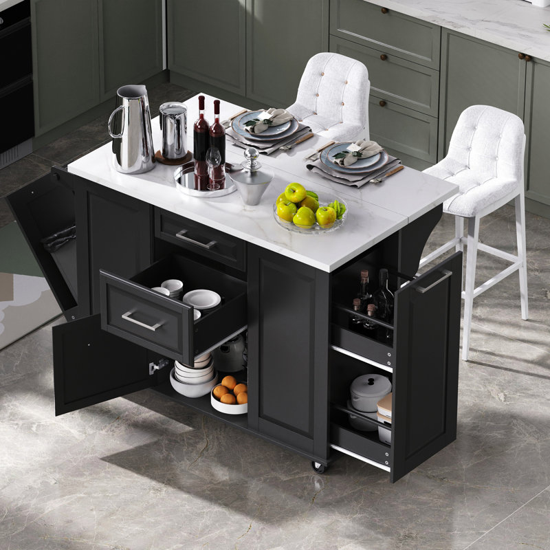 50.7" Kitchen Island With Storage Tilt Trash Can Cabinet And Pull Out Cabinet Organizer, Rolling Kitchen Island On 5 Wheels With Drop Leaf, 2 Drawers, 1Door