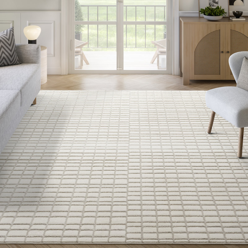 Abani Rugs Malynn PDE130A Machine Washable Ivory Taupe Grid Area Rug, Rectangle 4' x 6'
