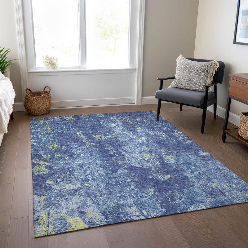 Navy Blue Synthetic Rectangular Washable Indoor/Outdoor Rug
