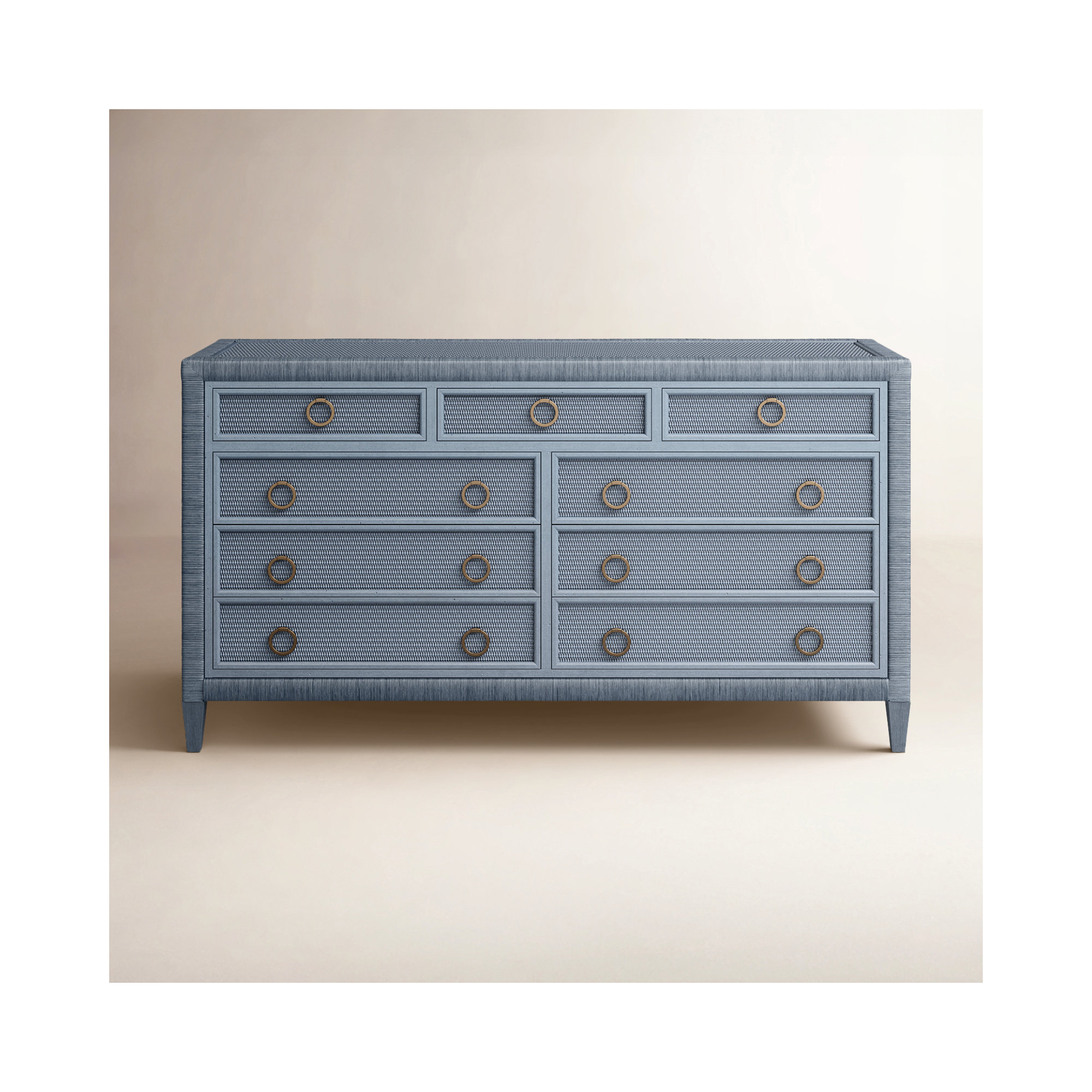 Warwick 9 Drawer 64" W Rattan Double Dresser, Sea Glass, Satin Brass