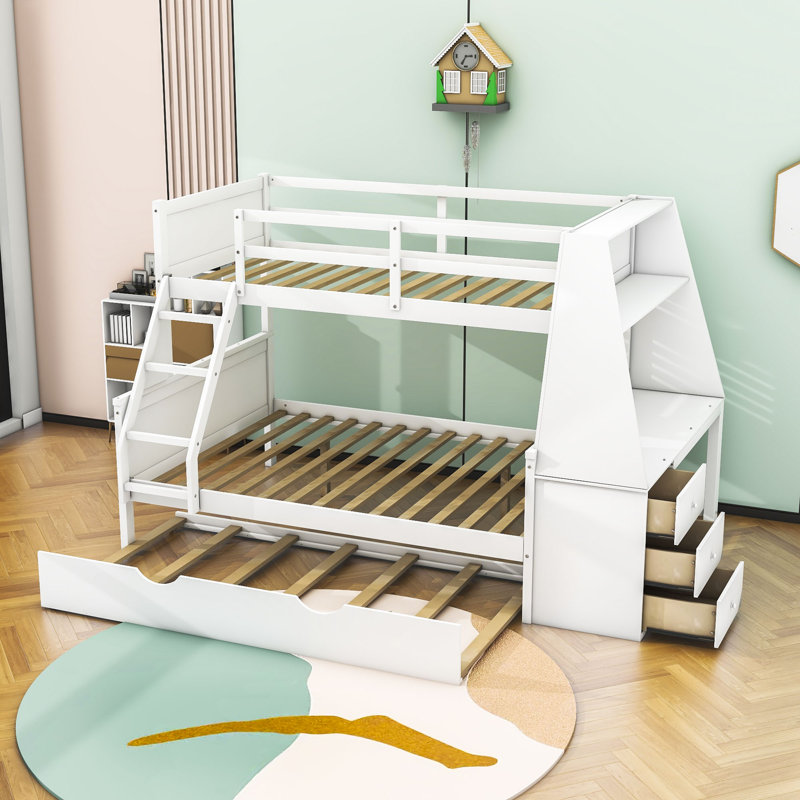 Lit superposé simple au-dessus de 3 tiroirs avec bureau intégré Fahira par Harriet Bee, Blanc