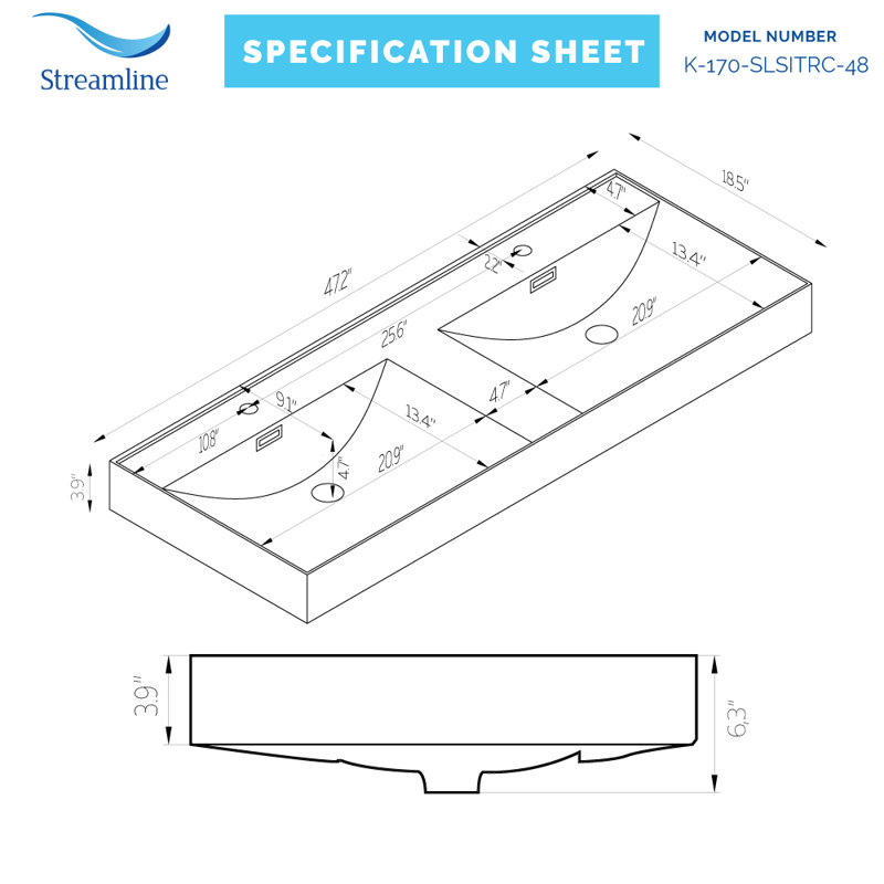 47.2" Solid Surface Resin Streamline Vanity Top