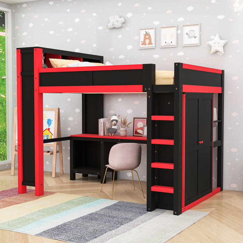 Grand lit mezzanine en bois avec garde-robe intégré, bureau, tablettes et station de charge, Black/Red
