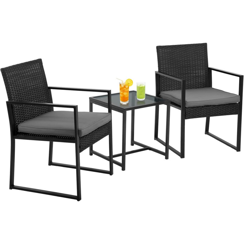 Ensemble bistro en osier rotin 3 pièces Ensemble de conversation extérieur Structure en osier robuste avec 2 coussins de table