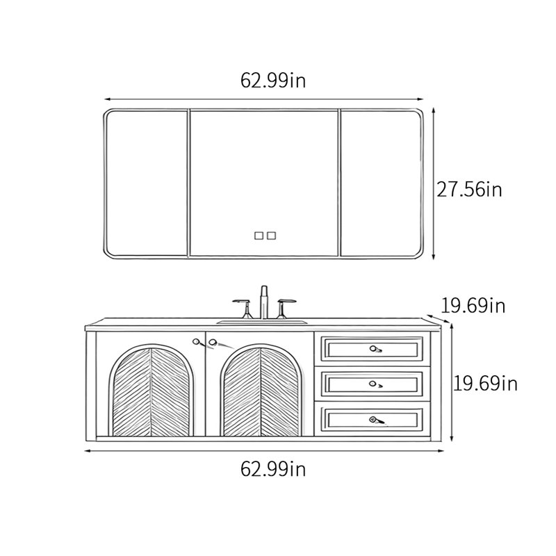 Retro French style bathroom cabinet, 19.69" H x 62.99" W x 19.69" D, White