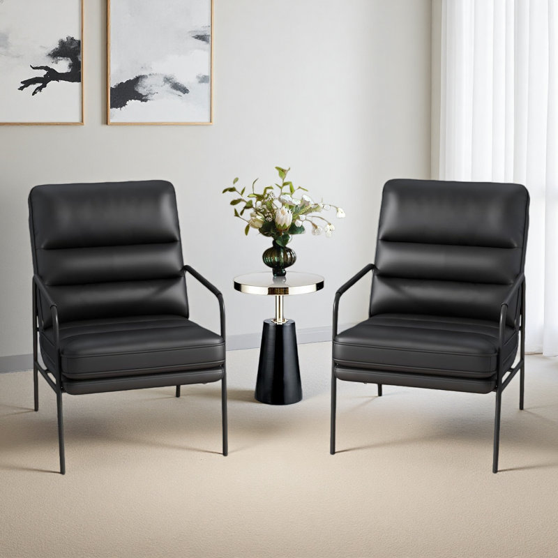 Modern Accent Set Of 2 Chair Classic Small Leather Accent Chair with Durable Metal Frame Armchair Backrest and Seat Cushion Sofa Chairs for Living Room Bedroom （Black）