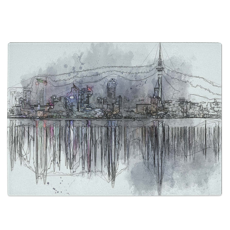 Tempered Glass Reflections of the Auckland Skyline Chopping Board, 39 cm W x 28.5 cm L