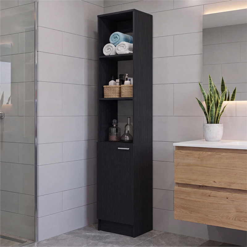 Patriece 70" Tall Linen Display Cabinet with 3 Open Shelves and One-Door Cabinet with Interior Shelves, Matte Black