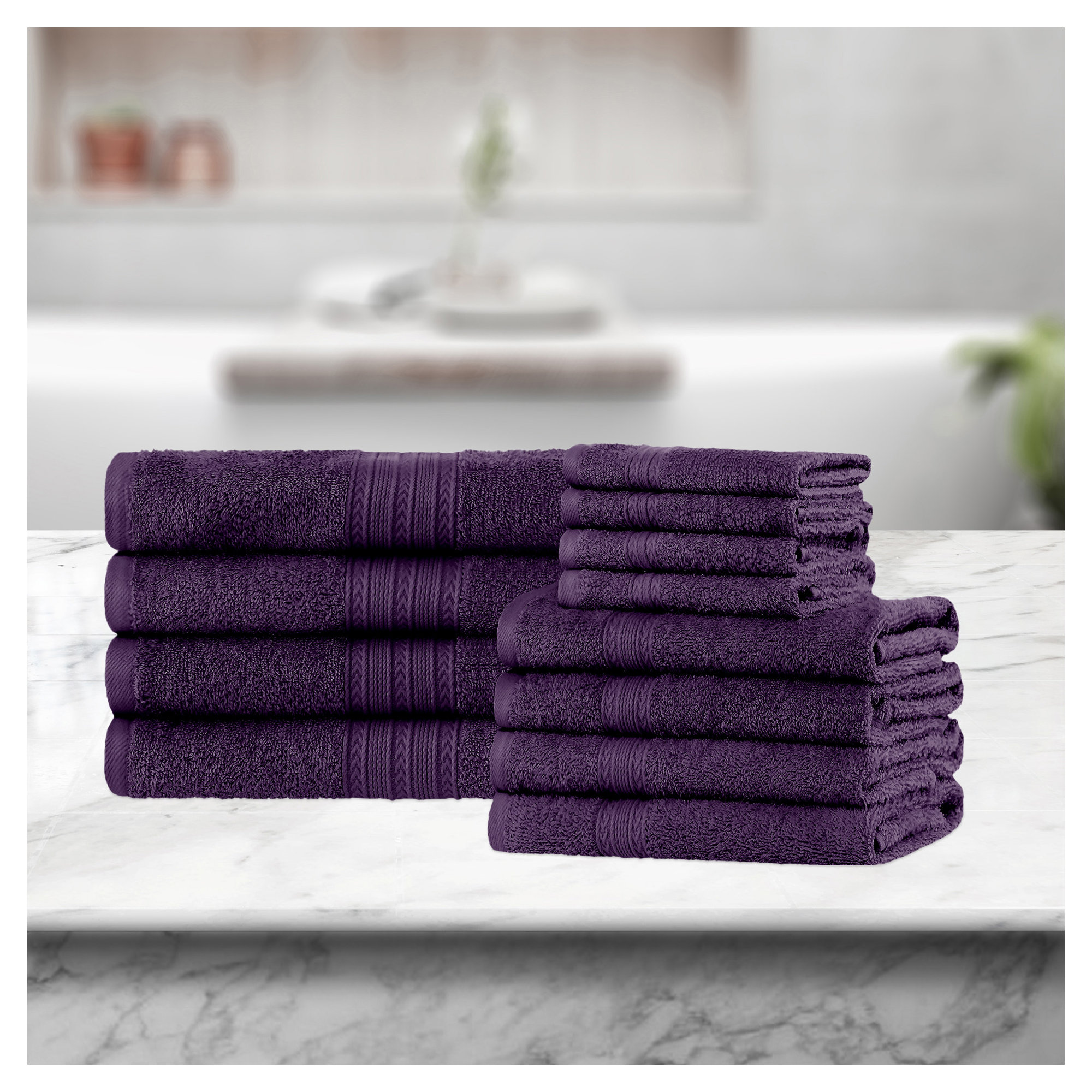 Hannu Eco-Friendly Sustainable Cotton 12 Piece Assorted Bathroom Towel Set, Eggplant