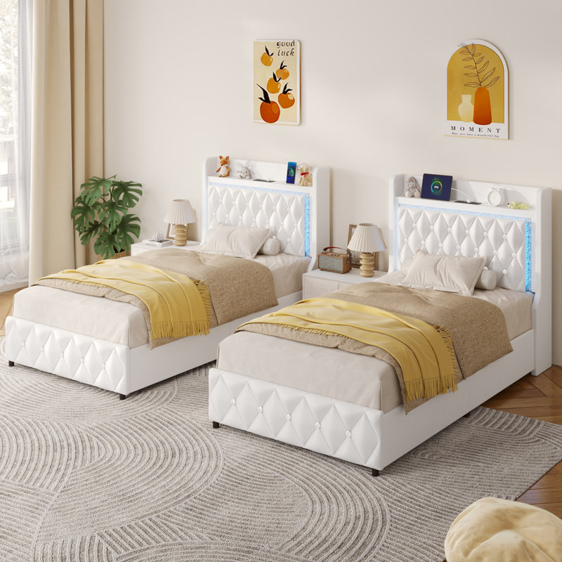 Floating Twin Bed Frame With LED Light, Upholstered PU Leather Platform Twin Bed With Charging Station & Wingback, Diamond Tufted Storage Headboard & Footboard, No Box Spring Needed