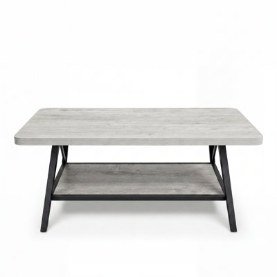 39 Inch Industrial Rectangular Coffee Table with Round Corners, 2-Tier Storage Shelf Wood Look Coffee Table with Stable Metal Frame, Easy Assembly Sma