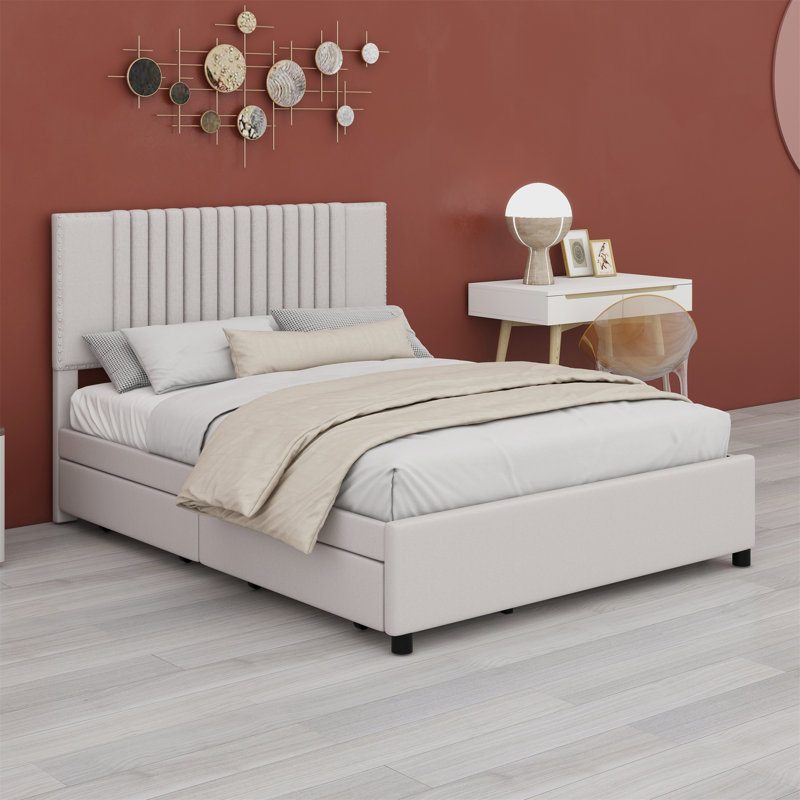 Lit plateforme tapissier avec 2 tiroirs et lit gigogne, tête de lit classique, Beige, Double