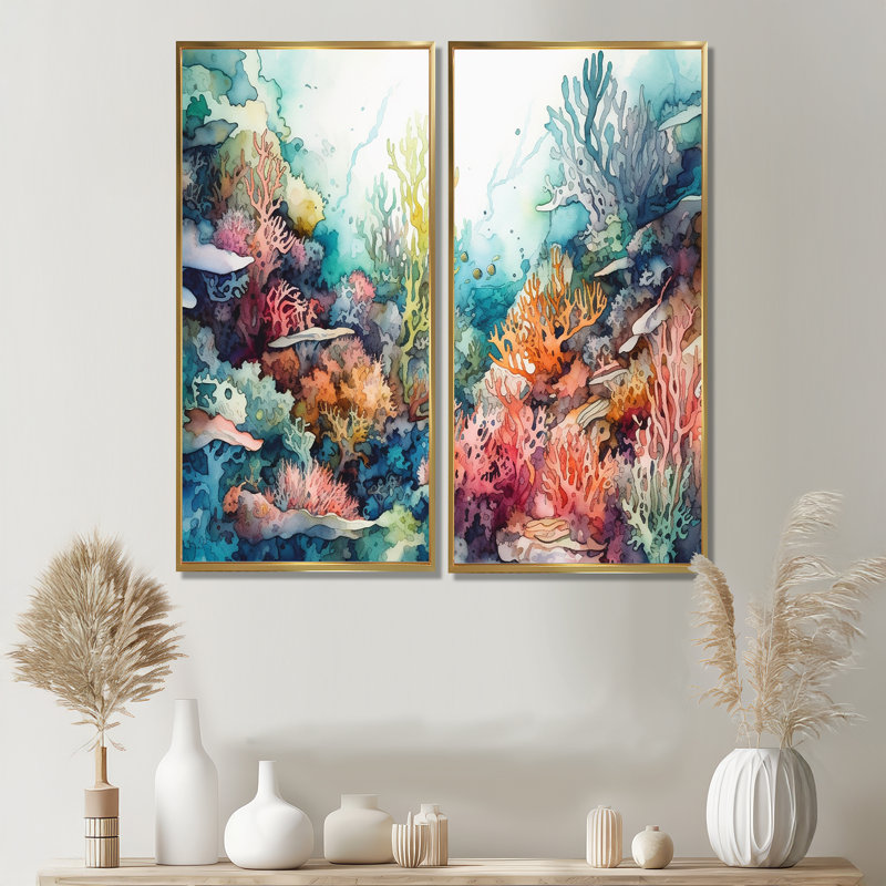 «Vibrant Coral Reef III», art mural moderne 2 pièces, H 40 po x l 40 po, Impression encadrée flottante, Doré