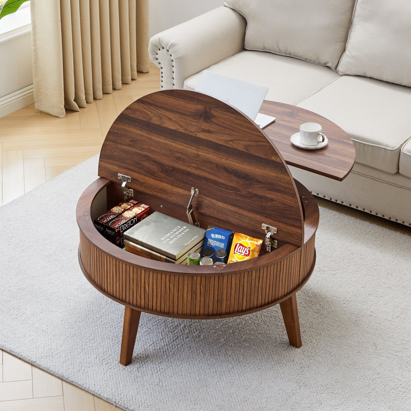 Table basse à plateau relevable avec rangement, tables basses rondes cannelées, Noyer