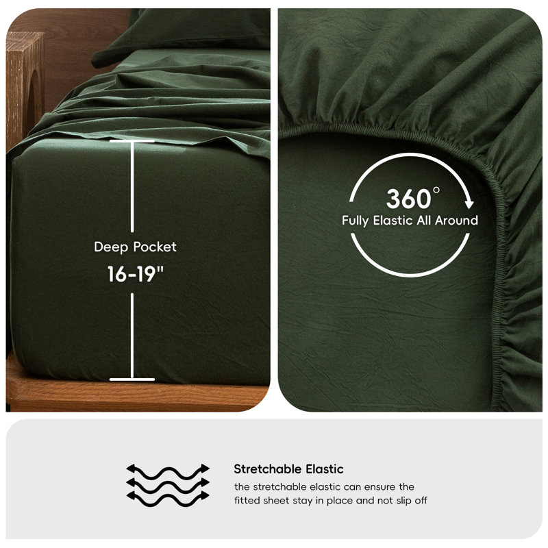 100% Washed Cotton Sheet Set Extra Deep Pocket Linen Like Textured, King Sheet Set with 2 Pillowcases, Forest Green