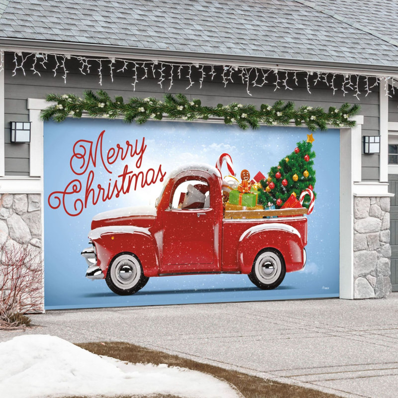 Bannière de porte de garage rétro vintage rouge en forme de camion et arbre 7 pi x 16 pi - Décorations des Fêtes pour l'extérieur