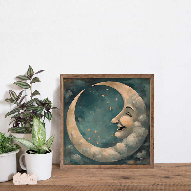 «Vintage Moon With Face» sur bois, H 24 po x l 24 po x P 1,99 po