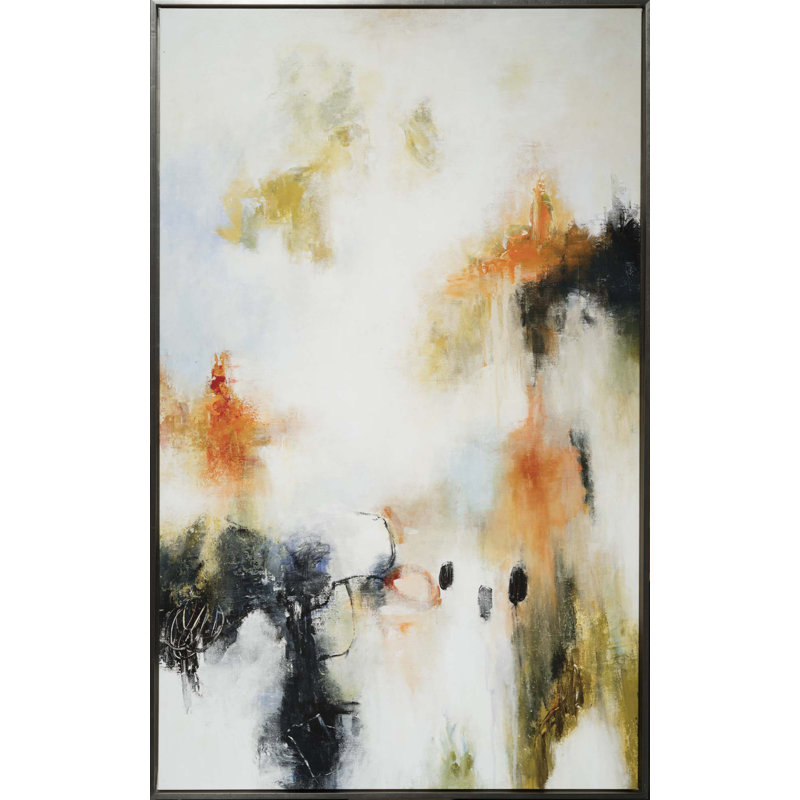 Abstract With Yellow Print by Yaffa G, Grayish White, Black, 51" H x 32" W x 2" D