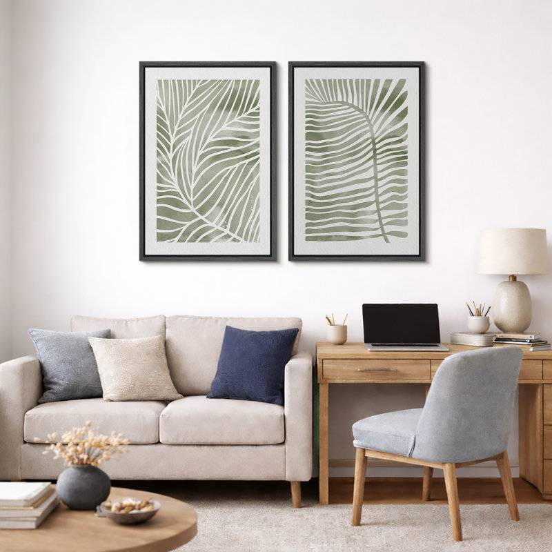 Abstract Botanical "Faded Sage Green Tropical Palm Tree Leaves Artwork, Modern Simple Minimalist Wall Pictures, Framed Canvas Giclee Print 2 Pieces Wall Art Set" 16x24x2 pcs, 24x36x2 pcs