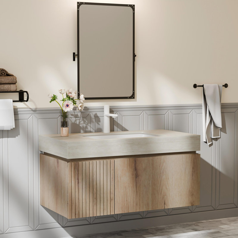 Akshata 36" Wall-Mounted Bathroom Vanity, Travertine-Pattern Sintered Stone Top, Soft-Close Doors & Drawer, Pre-Assembled, Light Wood/White Oak