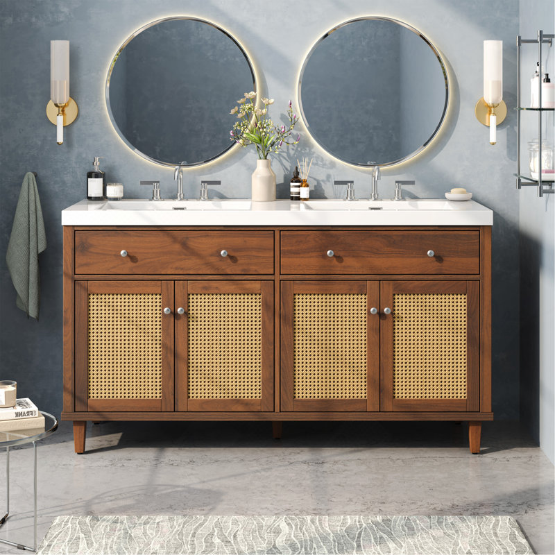 Meuble-lavabo de 60 po avec lavabo double, grand espace de rangement avec 2 plateaux rabattables / 4 tiroirs rabattables et 4 portes à fermeture douce, pieds en bois massif et métal argenté, brun