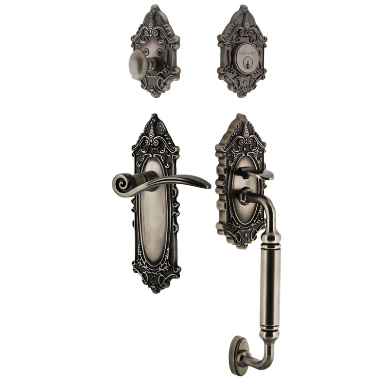 Nostalgic Warehouse Victorian Plate C Grip Handleset with Single Cylinder Deadbolt and Swan Lever, 2 3/8", Antique Pewter