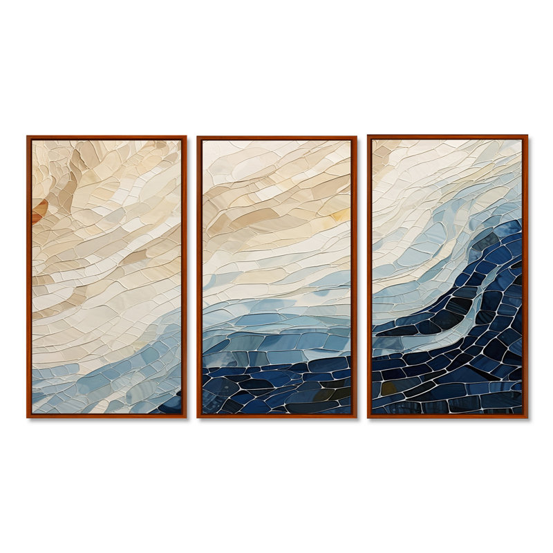 «Abstract Breaking Waves Blue» - ensemble d'art abstrait mural, H 40 po x l 60 po x P 1 po, Cadre flottant brun