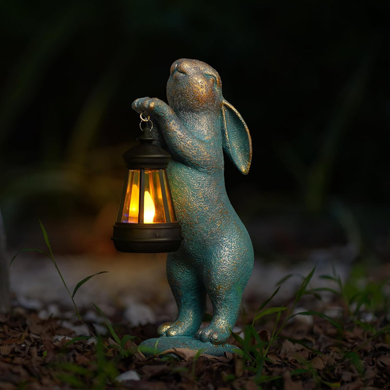 Statue de lapin à énergie solaire avec lanterne - lumière de décoration de jardin extérieure, veilleuse mignonne en forme d'animal pour la cour