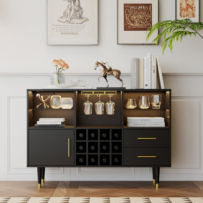 Bar Cabinet with LED Charging Station, Buffet & Sideboard Table, Black
