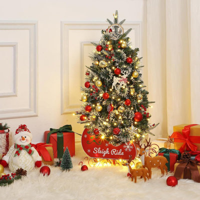 3ft Pre-Lit Mini Christmas Tree with 78 Lights, 8 Modes, Red Berries & Sleigh Base