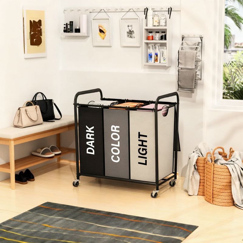 Trieur à linge à 3 sections avec roues verrouillables et couvercle, panier à linge grande capacité de 180 L avec 3 sacs amovibles, structure en métal robuste pour l'organisation à domicile