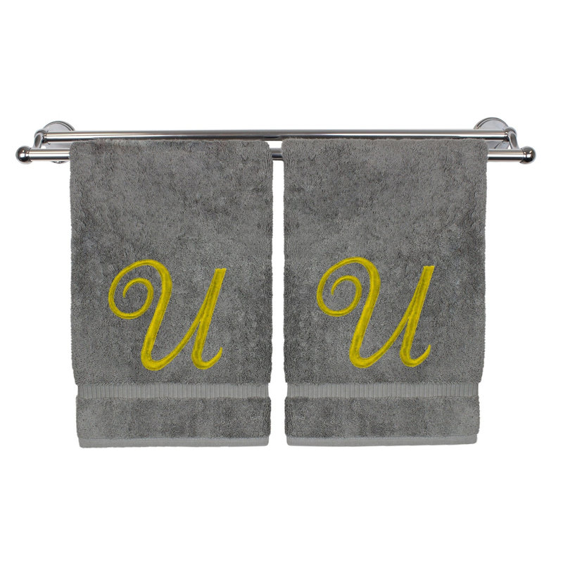 Ensemble de serviettes 2 pièces 100% coton monogramme, Gris/doré, U