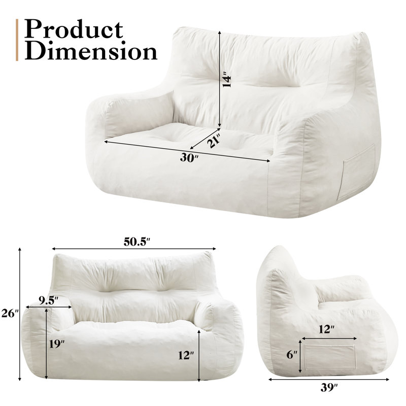 Oversized Bean Bag Chair for Adults, 2-Seater Loveseat Sofa, Bean Bag Couch with Filler Giant Living Room Bean Bag Chair with Pocket, Big Lazy Sofa Accent Chair for Gaming, Reading
