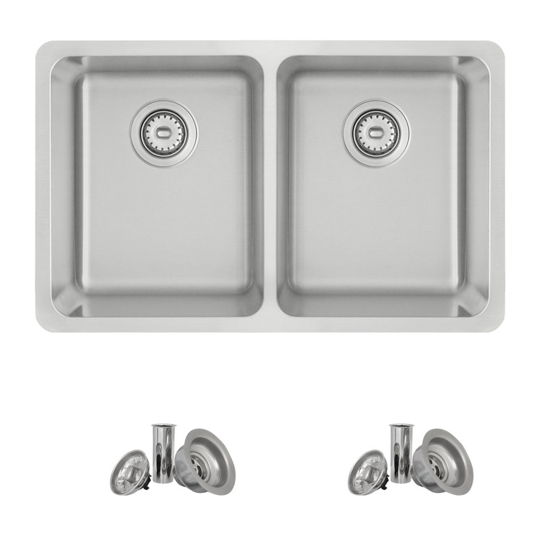29 in. x 18 in. 18 Gauge, Stainless Steel, Brushed 50/50 Double Bowl Undermount or Drop-In Kitchen Sink