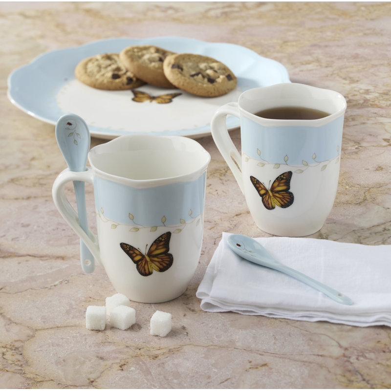 Lenox Butterfly Meadow Blue Mugs with Spoons, Set of 2
