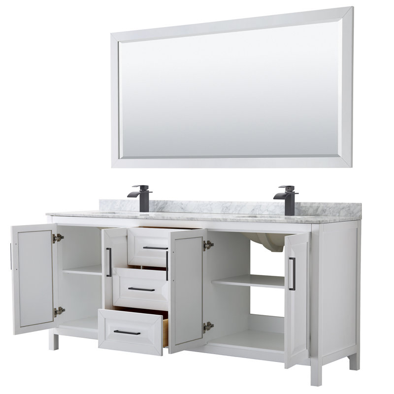 Ensemble de meuble-lavabo double avec miroir Daria, Bleu très foncé, Noir mat, 80"
