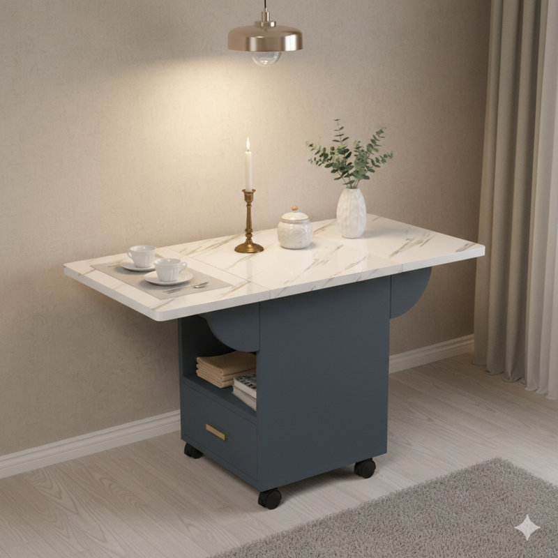 Table de salle à manger pliante en bois 39,4 pouces sur 4 roues. Fonctionne également comme table de bout pliante avec roulettes, comprend un support de rangement et 1 tiroir. Une table de cuisine ou polyvalente mobile, extensible et peu encombrante.