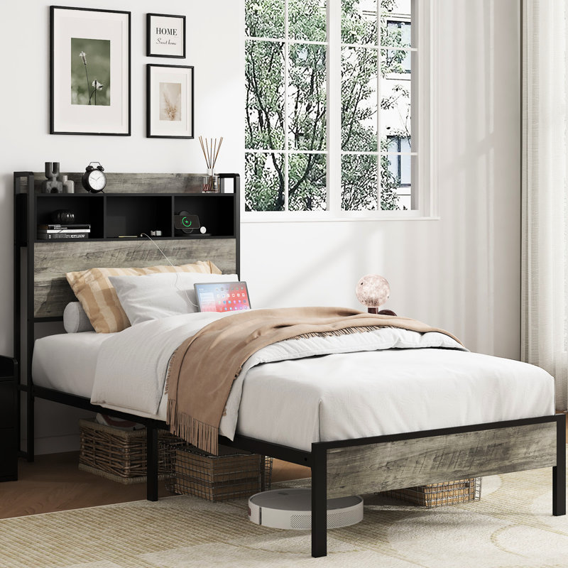 Single Bed Frame With Head Storage And A Central Charging Point, Gray Wood Tone, Metal Structure, Quick Assembly For Bedroom Setup - End Station, Tone Frame, & Build, Room