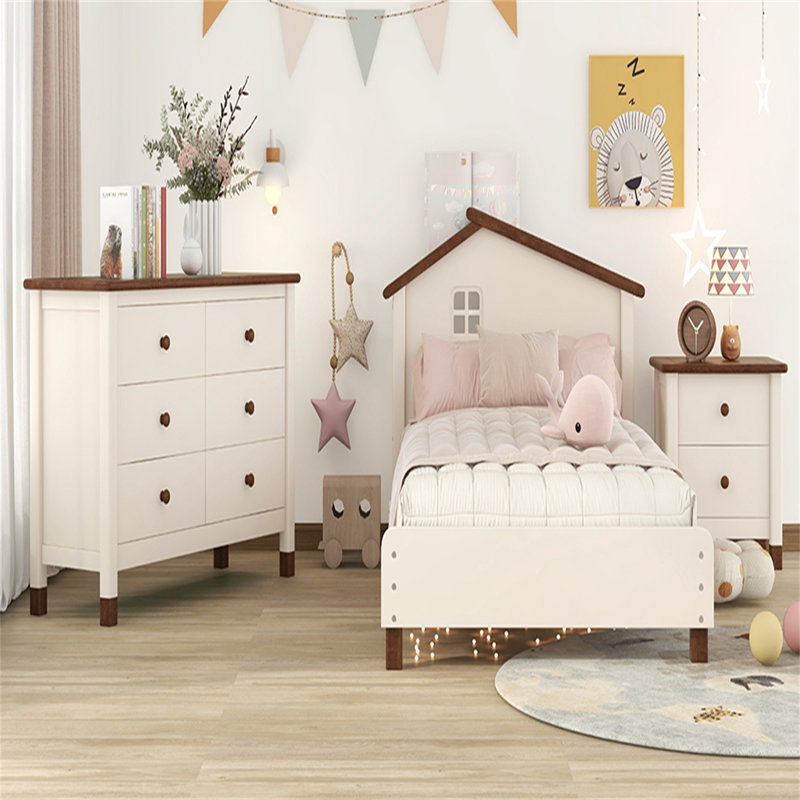 Ensemble de chambre à coucher 3 pièces avec lit plateforme simple avec table de chevet et commode, gris, Crème, crème