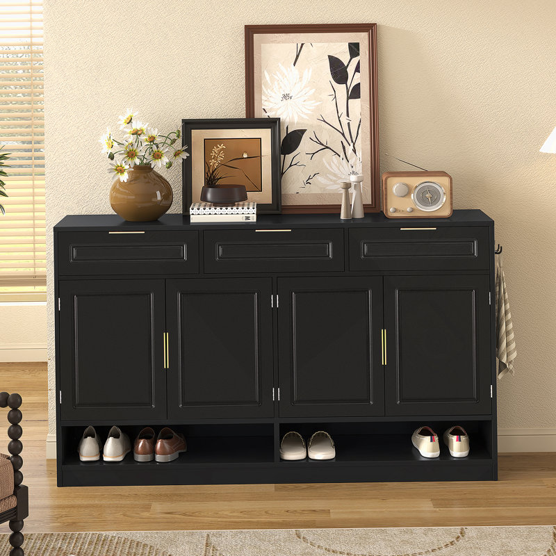 Buffet avec 3 tiroirs et 4 portes, buffet de rangement avec tablette réglable et compartiments de rangement ouverts, Black