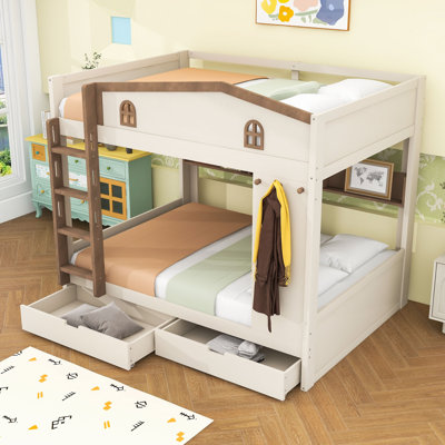 Grand lit superposé en bois avec tiroirs et tablettes sous le lit