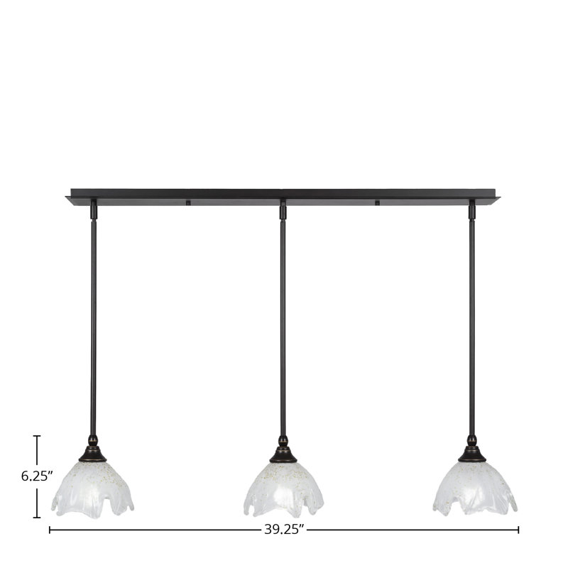 Luminaire suspendu linéaire sur pied 3 lumières avec verre de glace doré de 7 po, H 6,25 po x l 39,25 po x P 7 po