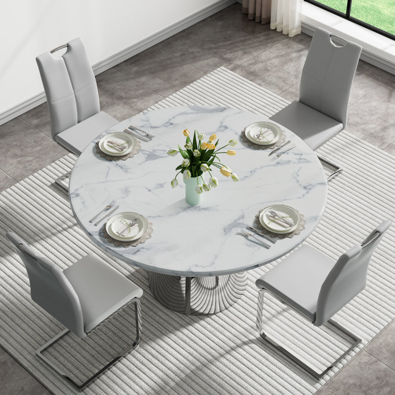 5 Piece Round Dining Table Set, 45" Round Marble Dining Table with 4 Dining Chairs, Modern Circle Kitchen Table Set with Hollow-Out Stainless Steel Base, Dining Room Table and Chairs Set