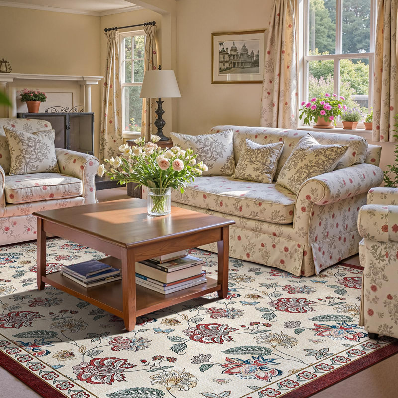 Chinoiserie Floral Rug Vintage Romance Design Washable Non-slip Red/Beige, Rectangle 8' x 10', Red/Beige