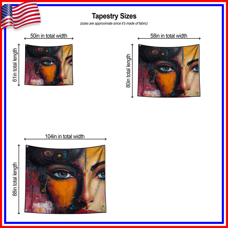 Tapisserie murale colorée à deux visages - Décoration murale portrait, H 68 po x l 80 po avec 4 œillets
