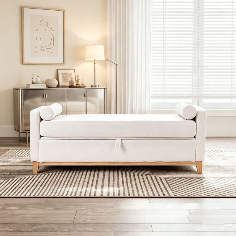 Banc rembourré en bois massif, 66,34 pouces, Beige + naturel