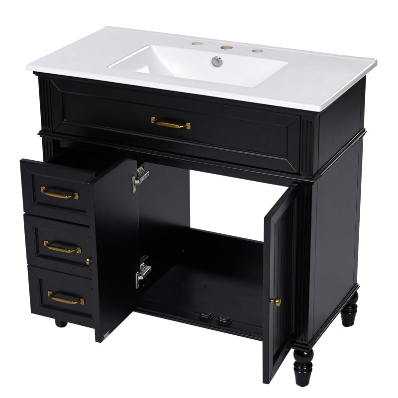 36" Bathroom Vanity with Sink, Black Bathroom Cabinet with Drawers, Solid Frame and MDF Board