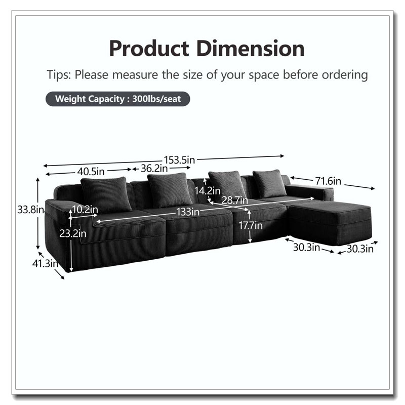 Canapé modulaire en forme de L 4 places, canapé désossé 4 places, canapé modulaire Cloud avec assise profonde, canapé modulaire moderne 4 places avec coussins décoratifs et 1 repose-pieds mobile