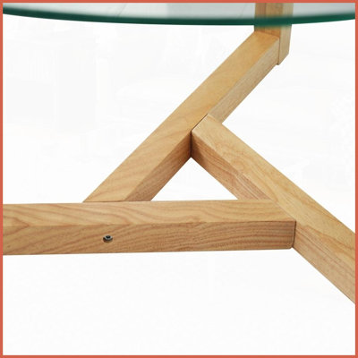 Table basse ronde contemporaine en verre trempé de 8 mm - base en bois robuste, assemblage de 20 minutes Facile à nettoyer